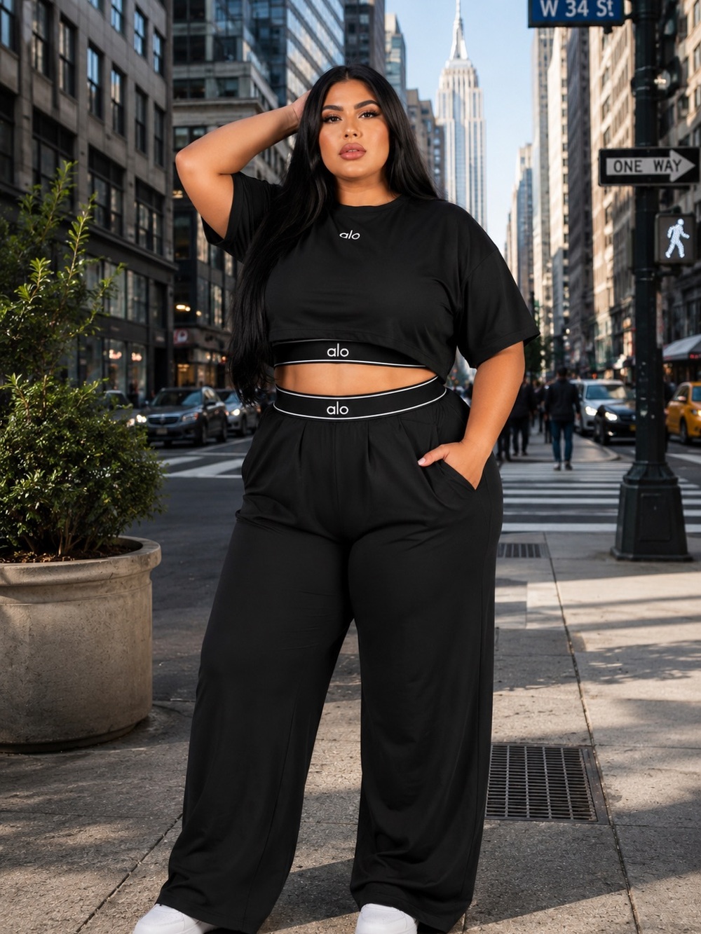 Women’s Black 3-Piece Athleisure Set Wide Leg Pants Crop Top XXL 18-20